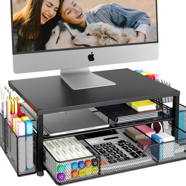 2-Tier Monitor Stand Riser with Drawer & Pen Holders – Black