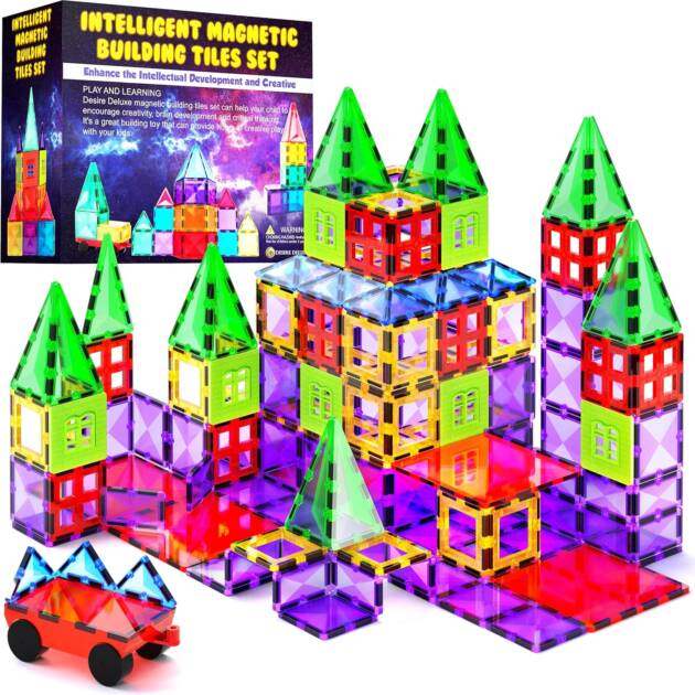 Magnetic Tiles Building Blocks Toy - STEM Educational Magnet Set for Kids, Creativity Preschool Learning Sensory Montessori Toddler Toys for Boys & Girls 3+ Years Old - 57PC